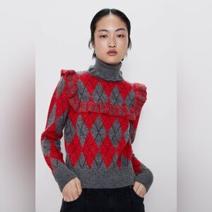 ZARA Argyle Mohair Turtleneck Sweater With Ruffles High Neck in Red Gray